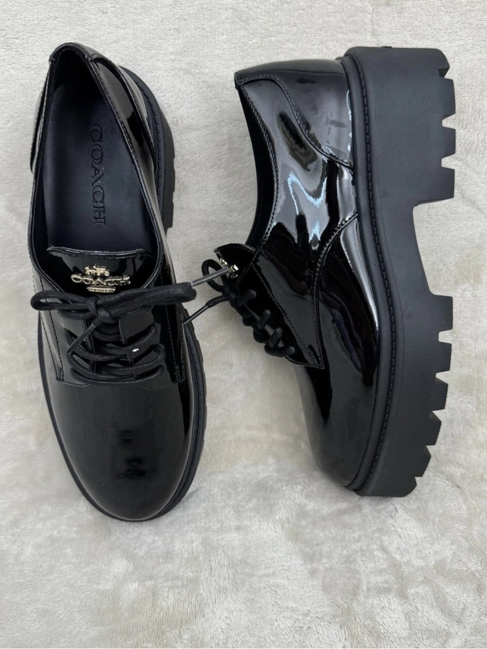 COACH Black Patent Lace-Up Chunky Lug Derby Boots